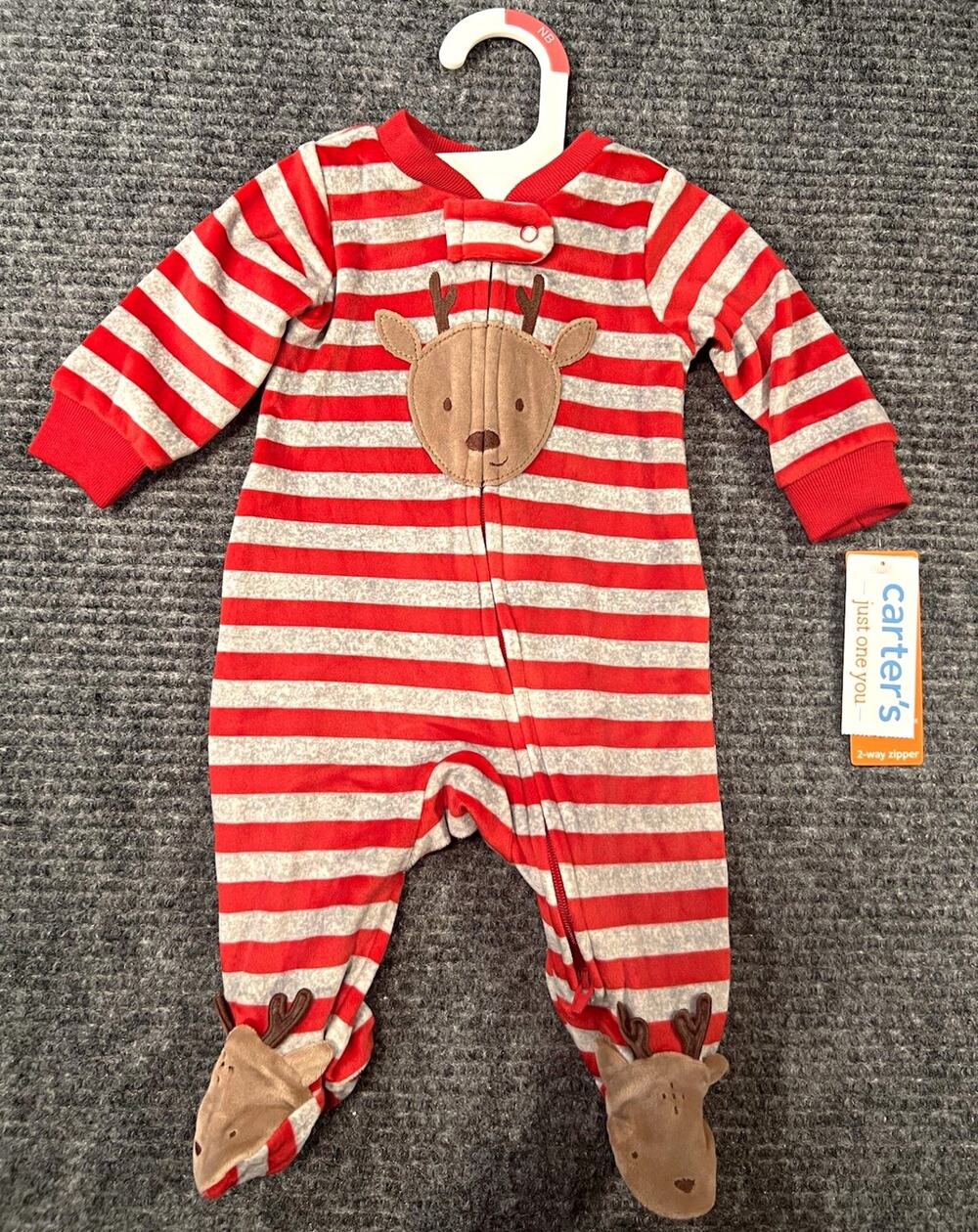 Carter's Newborn Red/Gray Fleece Footed Reindeer One-Piece Sleeper 2-Way Zip
